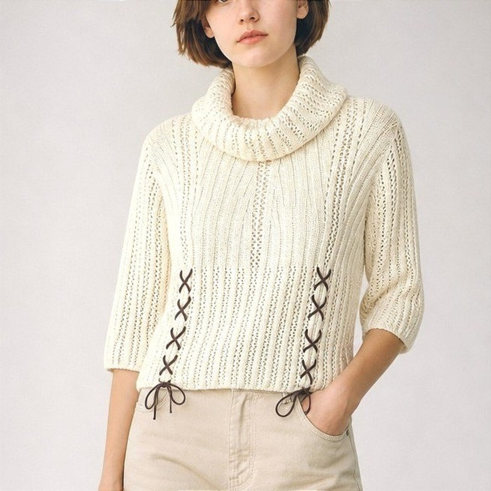 Vintage Jennifer Reed Cream Open Knit Sweater Cowl Neck Corset Lace Up Y2K